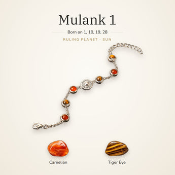 Mulank 1 Sun Charm Bracelet – Carnelian & Tiger Eye – Mulank 1 Sun charm bracelet on a plain background