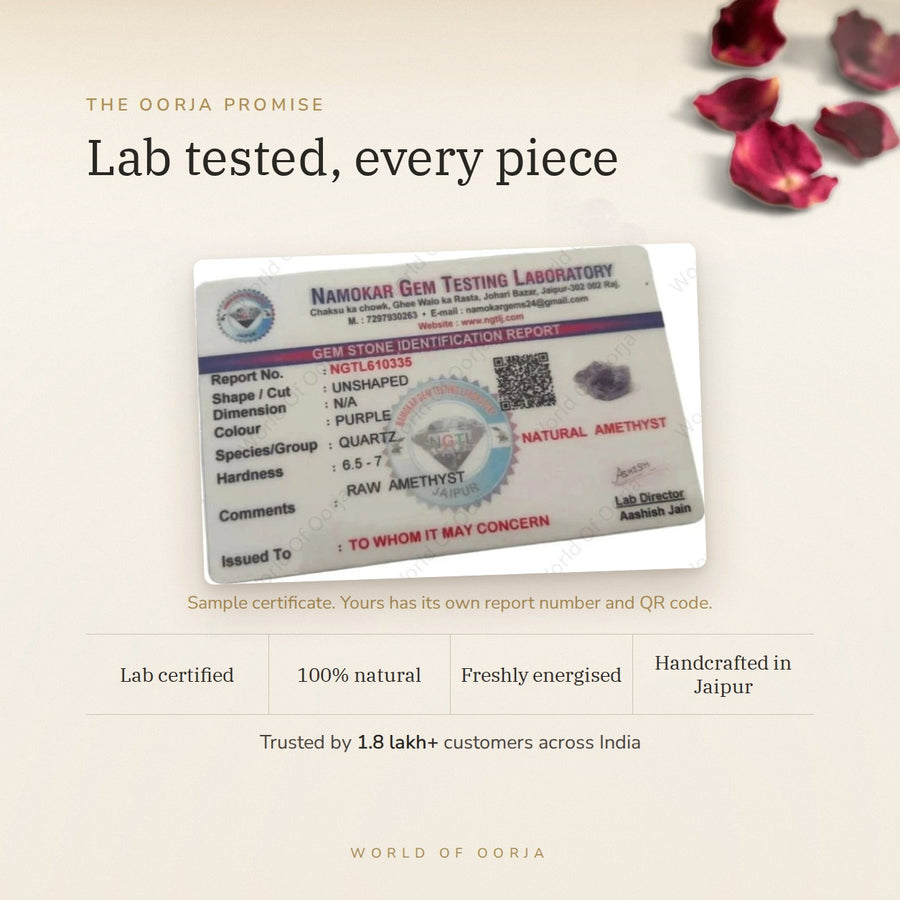 Raw Amethyst Cluster – Calm & Spiritual Energy lab certificate – World of Oorja