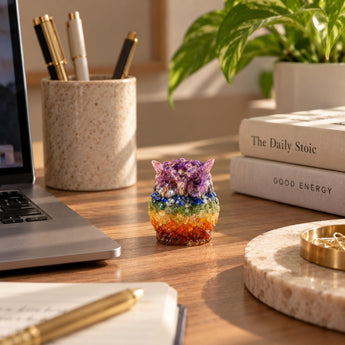 7 Chakra crystal owl on a work desk next to a laptop