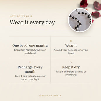 How to wear your Silver Plated Karungali Mala – daily wear, recharge on selenite or moonlight