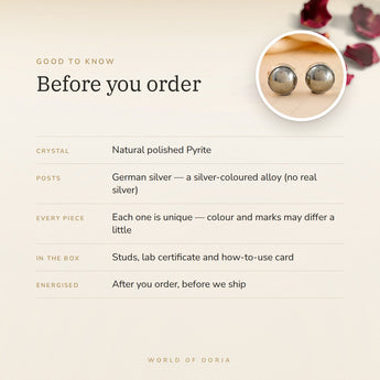 Polished Pyrite Studs – good to know before you order: what is in the box, energised after order