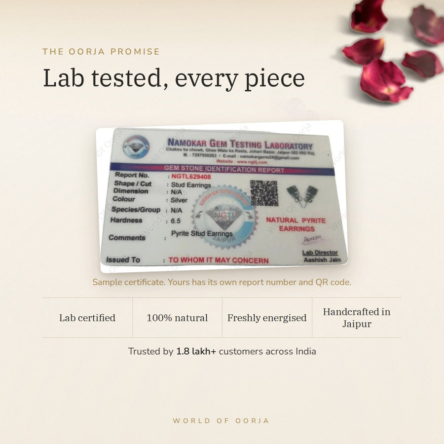 Raw Pyrite Studs – Wealth & Confidence lab certificate – World of Oorja