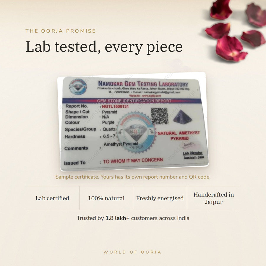 Amethyst Pyramid – Calm & Spiritual Energy lab certificate – World of Oorja