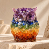 7 Chakra Owl made of natural crystal chips in rainbow chakra layers, amethyst to red jasper – World of Oorja