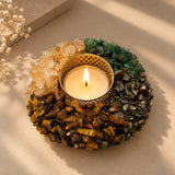 Dhan Yog crystal tea light candle holder with Pyrite, Citrine, Tiger Eye and Green Aventurine chips – World of Oorja