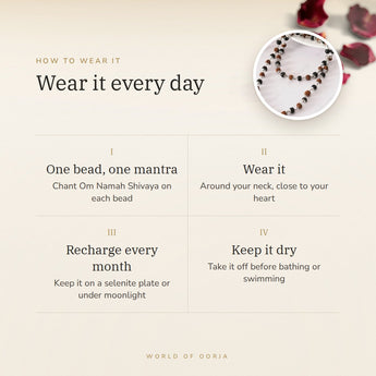 How to wear your Silver Plated Rudraksha Karungali Mala – daily wear, recharge on selenite or moonlight
