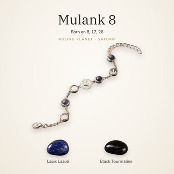 Mulank 8 Saturn Charm Bracelet – Lapis Lazuli & Black Tourmaline – Mulank 8 Saturn charm bracelet on a plain background