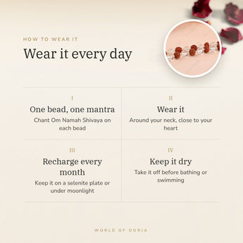 How to wear your Clear Quartz & Rudraksha Mala – daily wear, recharge on selenite or moonlight