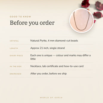 Pyrite Necklace – good to know before you order: what is in the box, energised after order