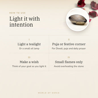 Pyrite Crystal Diya – light it with intention, how to use and where to keep it