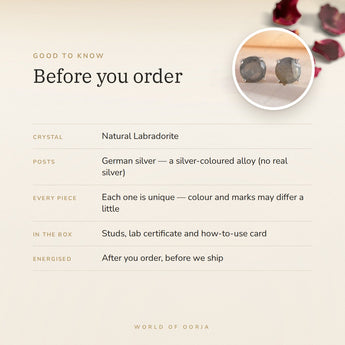 Labradorite Studs – good to know before you order: what is in the box, energised after order