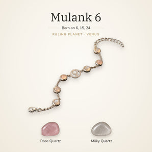 Mulank 6 Venus Charm Bracelet – Rose Quartz & Milky Quartz – Mulank 6 Venus charm bracelet on a plain background