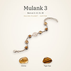 Mulank 3 Jupiter Charm Bracelet – Citrine & Tiger Eye – Mulank 3 Jupiter charm bracelet on a plain background