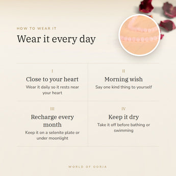 How to wear your Rose Quartz Necklace – daily wear, recharge on selenite or moonlight