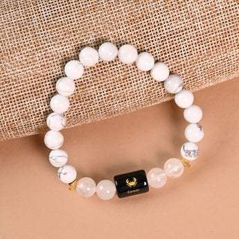 Cancer zodiac bracelet Howlite and Milky Quartz with engraved Cancer name bead