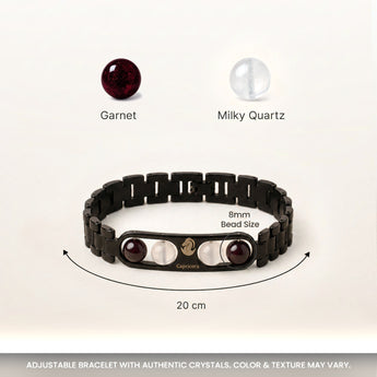 Capricorn bracelet crystals and size – 8mm beads, adjustable black metal band