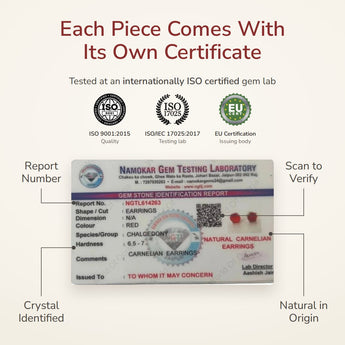 Carnelian Studs lab certificate – tested at an ISO certified gem lab