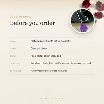 Raw Amethyst Pendant – good to know before you order: what is in the box, energised after order