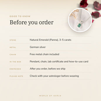 Emerald (Panna) Pendant – good to know before you order: what is in the box, energised after order