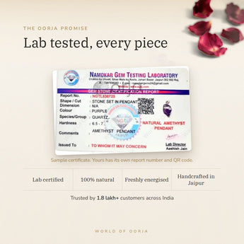 Raw Amethyst Pendant lab certificate with QR code – The Oorja promise
