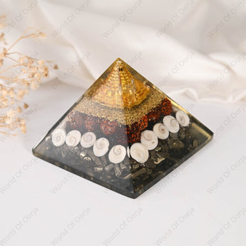 Dhanlabh Pyramid with Shree Yantra, Rudraksha, Gomti Chakra & Pyrite - WorldOfOorja