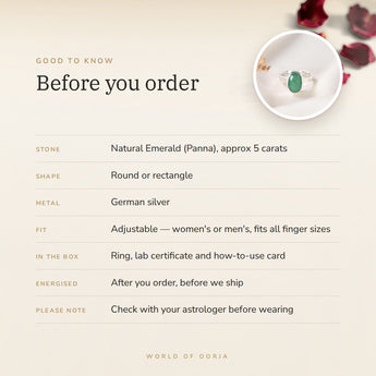 Emerald (Panna) Ring – good to know before you order: what is in the box, energised after order