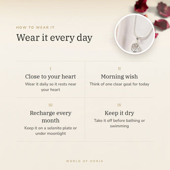 How to wear your Clear Quartz (Sphatik) Pendant – daily wear, morning wish, recharge on selenite or moonlight