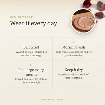 How to wear your Selenite Bracelet – left wrist, morning wish, recharge on selenite or moonlight