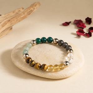 Energised Dhan Yog bracelet with amazonite, malachite, hematite, clear quartz, tiger eye and citrine beads – World of Oorja