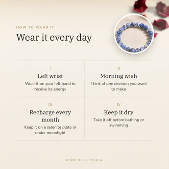 How to wear your Sodalite Bracelet – left wrist, morning wish, recharge on selenite or moonlight
