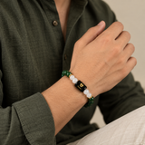 Gemini zodiac bracelet in Green Aventurine and Milky Quartz worn on the wrist