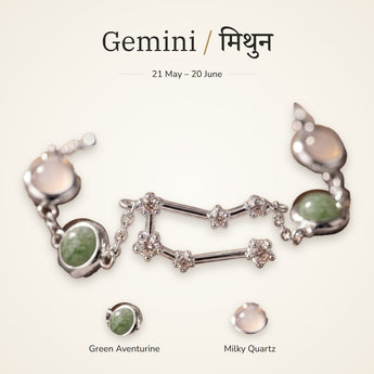 Gemini zodiac constellation bracelet for women with Green Aventurine and Milky Quartz – silver