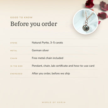 Pyrite Pendant Mini – good to know before you order: what is in the box, energised after order