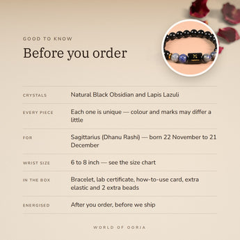 Sagittarius Zodiac Bracelet – before you order: size, what is in the box, energised after order
