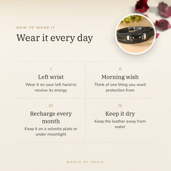 How to wear your Black Tourmaline Leather Bracelet – left wrist, morning wish, recharge on selenite or moonlight