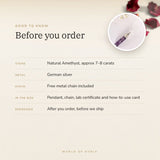 Amethyst Pencil Pendant – good to know before you order: what is in the box, energised after order