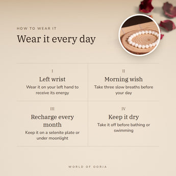 How to wear your Mother of Pearl Bracelet – left wrist, morning wish, recharge on selenite or moonlight