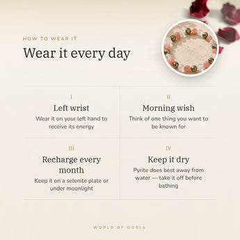 How to wear your Fame & Recognition Bracelet – left wrist, morning wish, recharge on selenite or moonlight