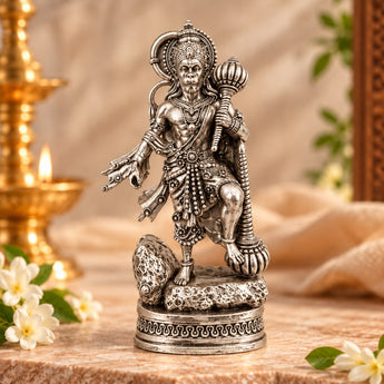 Silver plated Hanuman idol standing with gada