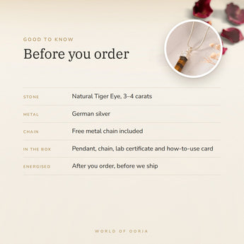 Tiger Eye Pencil Pendant – good to know before you order: what is in the box, energised after order