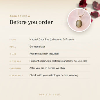 Cat's Eye (Lehsunia) Pendant – good to know before you order: what is in the box, energised after order