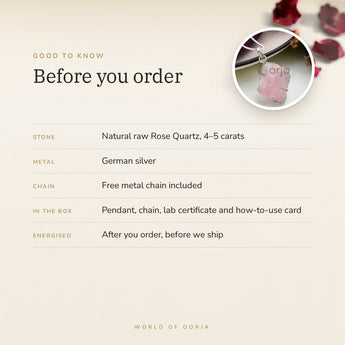 Raw Rose Quartz Pendant – good to know before you order: what is in the box, energised after order