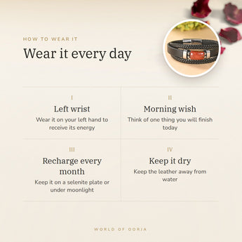 How to wear your Red Jasper Leather Bracelet – left wrist, morning wish, recharge on selenite or moonlight