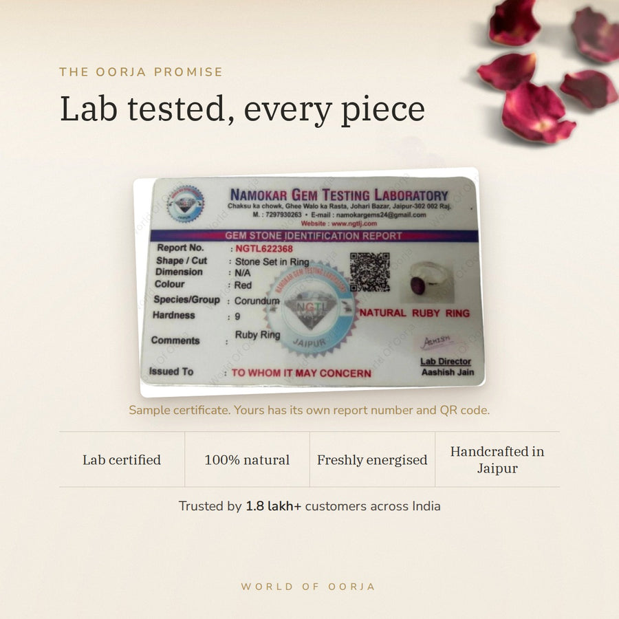 Ruby (Manik) Ring – Surya Ratna for Confidence & Leadership lab certificate – World of Oorja