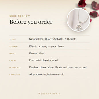 Clear Quartz (Sphatik) Pendant – good to know before you order: what is in the box, energised after order