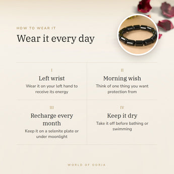 How to wear your Black Tourmaline Cylinder Bracelet – left wrist, morning wish, recharge on selenite or moonlight