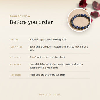 Lapis Lazuli bracelet – before you order: size, what is in the box, energised after order
