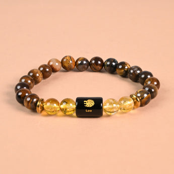 Leo zodiac bracelet Tiger's Eye and Citrine with engraved Leo name bead
