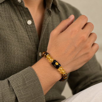 Leo zodiac bracelet in Tiger's Eye and Citrine worn on the wrist