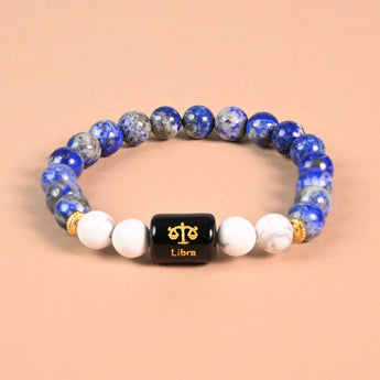 Libra zodiac bracelet Lapis Lazuli and Howlite with engraved Libra name bead